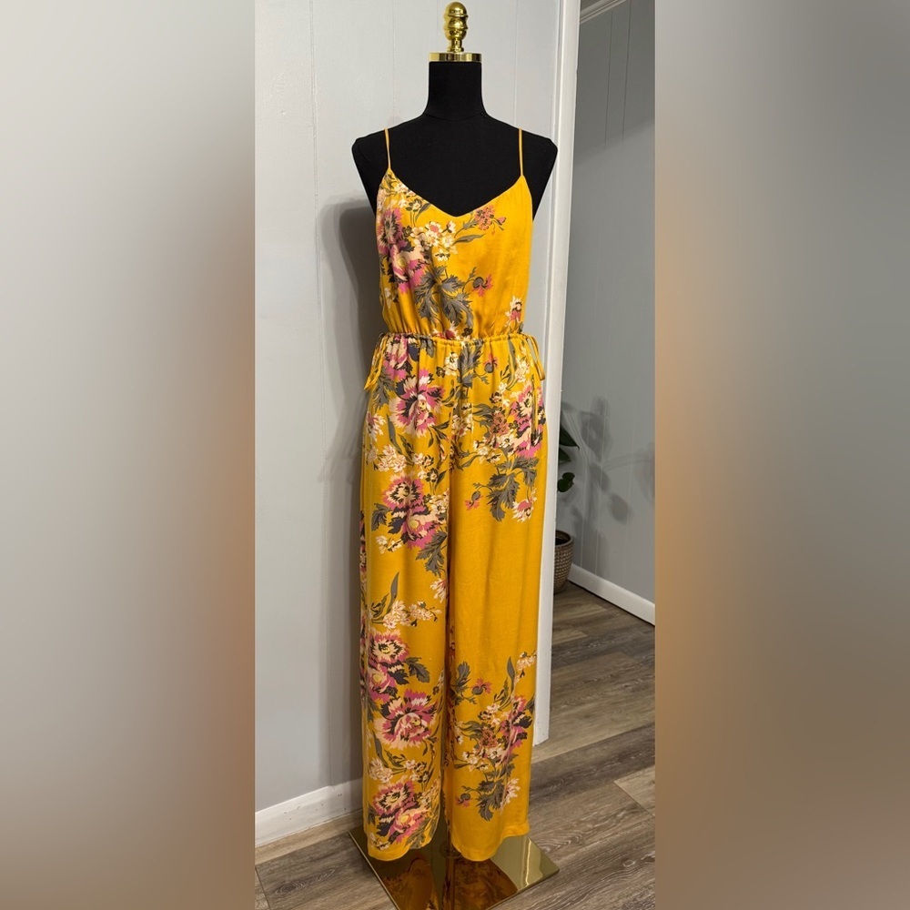 #1)  MINKPINK Yellow Floral Jumpsuit With Adjust waist string tie for both side.